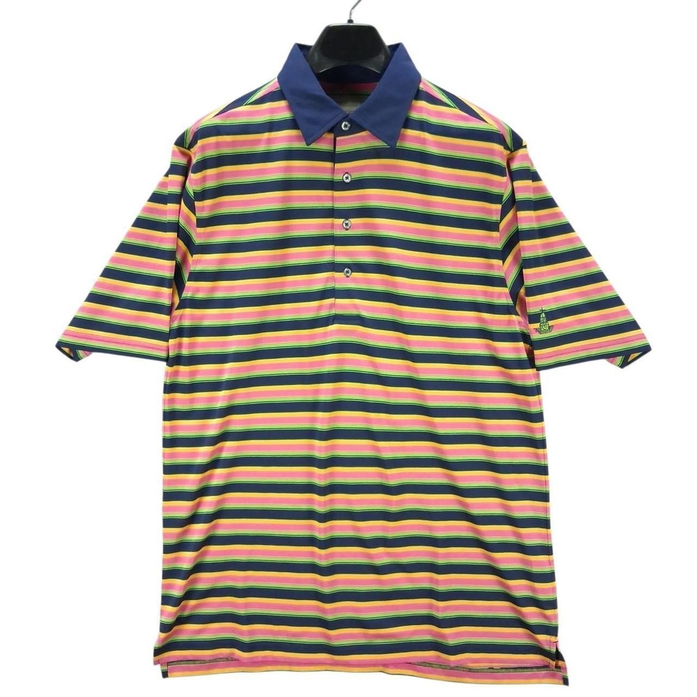 Donald Ross Mens Golf Polo Shirt Medium Navy Pink Green Striped Performance